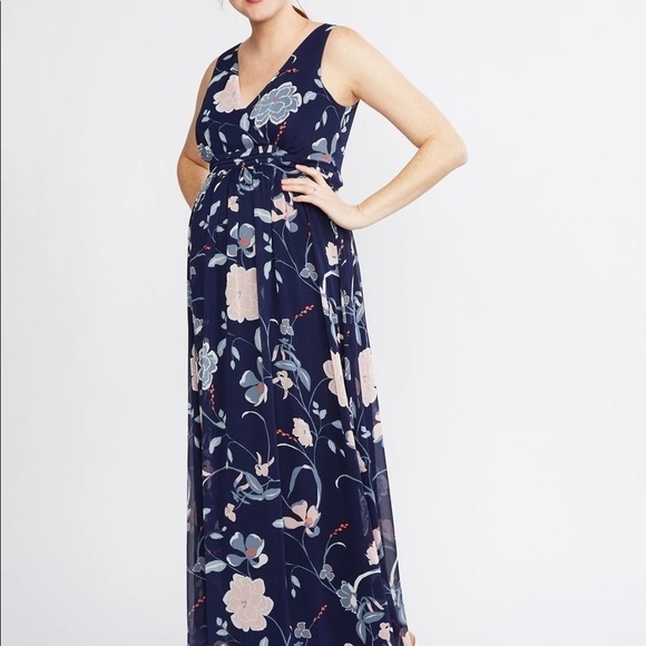 Motherhood Maternity Navy Floral Chiffon Maxi Dress Sz L  Summer Backyard Party - Picture 1 of 13